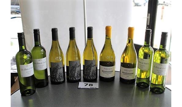 9 div flessen à 75cl witte wijn, wo Chardonnay, Côtes du Rhône,
